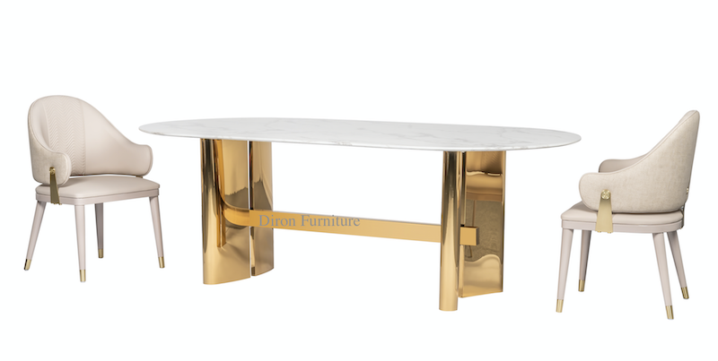 Luxury Oval Dining Table White Faux Marble And Shiny Gold Steel