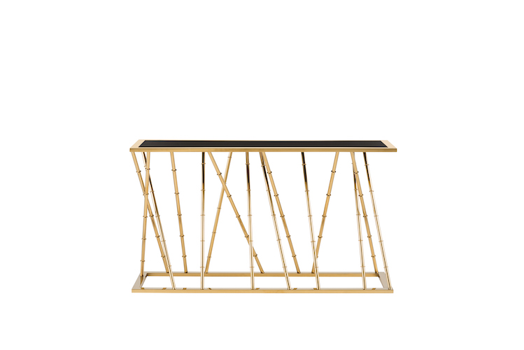 Contemporary Glass Console Table In Polished Gold Finish