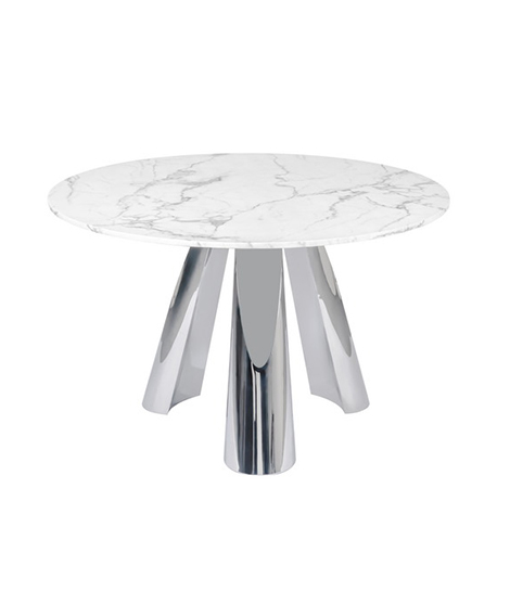 Modern Pedestal Dining Table Faux Marble Tabletop Polish Stainless Steel Frame