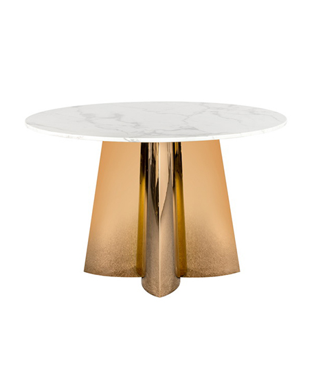 Mesa de jantar moderna com tampo de mármore e estrutura de aço inoxidável dourado