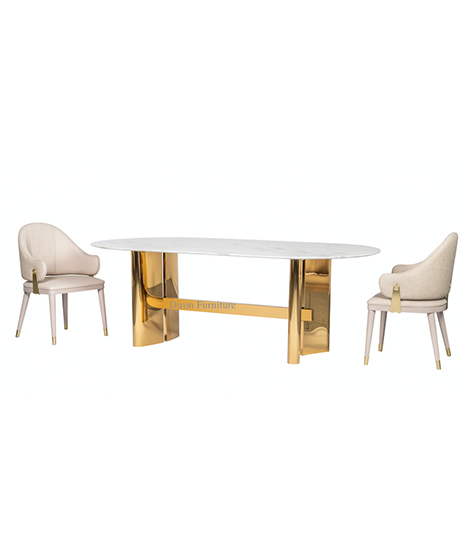 Luxusný oválny jedálenský stôl z bieleho umelého mramoru a lesklého zlata