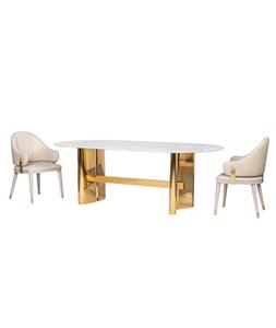 Mesa de comedor ovalada de lujo imitación mármol blanco y acero dorado brillante