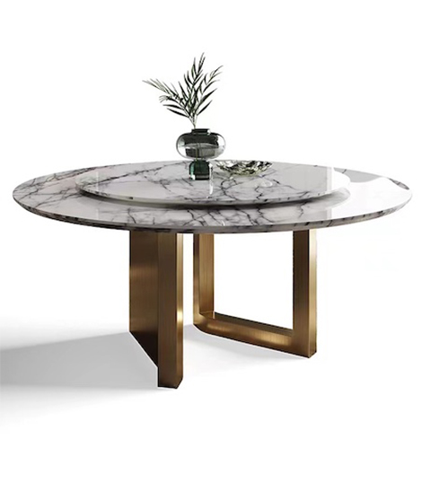 Round White Marble Dining Table with Lazy Susan and Stainless Steel