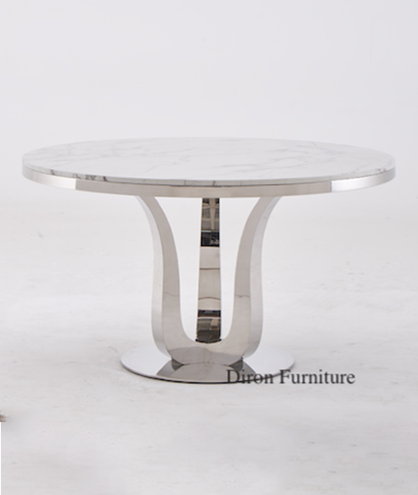 Mesa de comedor redonda grande de mármol gris con base de acero inoxidable pulido de 130 cm de diámetro