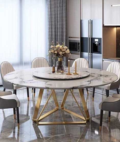 Table à manger ronde Lazy Susan avec dessus en marbre et pieds en acier inoxydable