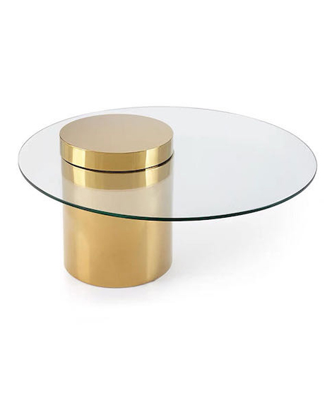 Mesa de centro contemporánea con superficie de vidrio y base de metal dorado pulido