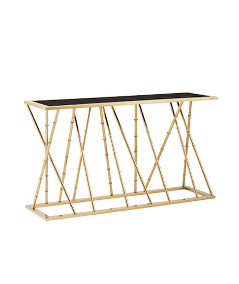 Table console contemporaine en verre au fini or poli