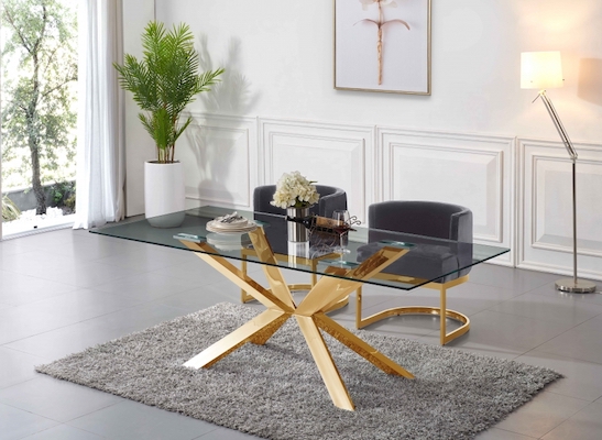 Luxurious Contemporary Rectangle Glass Top And Stainless Steel Dining Table