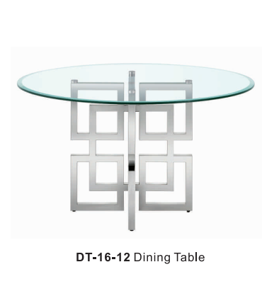 Round glass dining table with stainless steel base