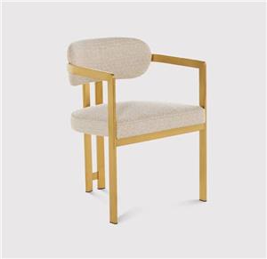 Sedie da pranzo moderne e contemporanee con braccioli in tessuto Boucle crema, struttura in ottone dorato