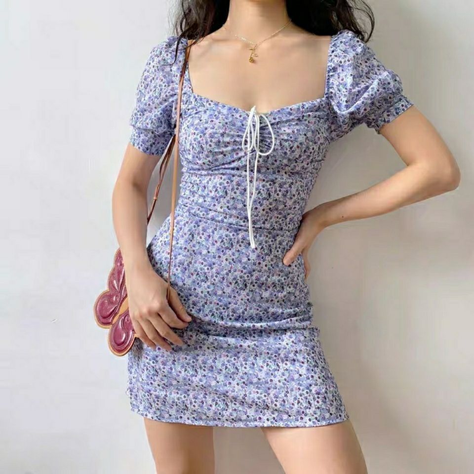 2023 Summer Loveliness Sexy Casual Printed Square Neck Puffed Sleeves Fashion Women Dresses