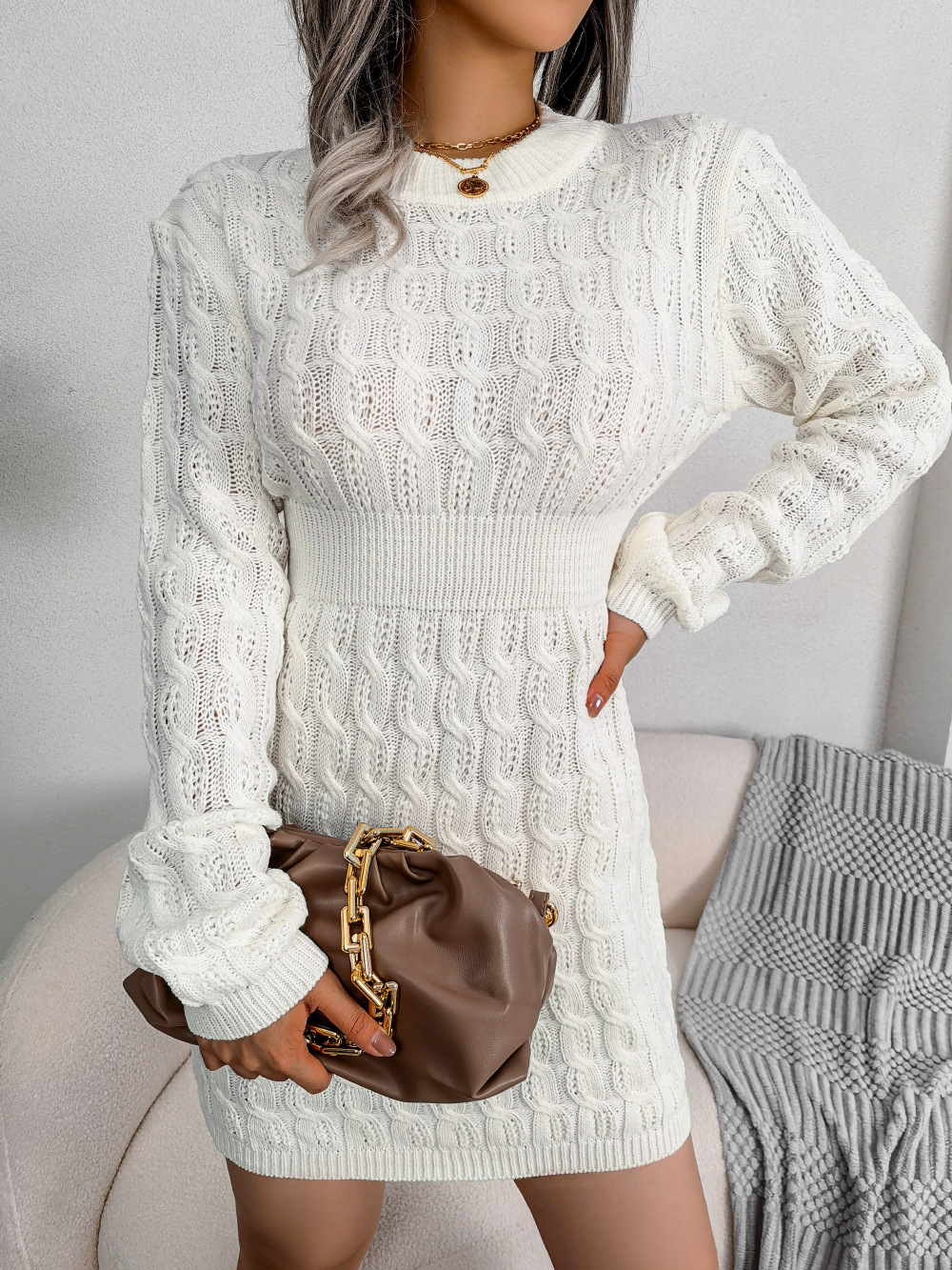 2023 SD Autumn And Winter European And American Casual Twist Waist Wrap Hip Dress Bottoming Sweater Dress
