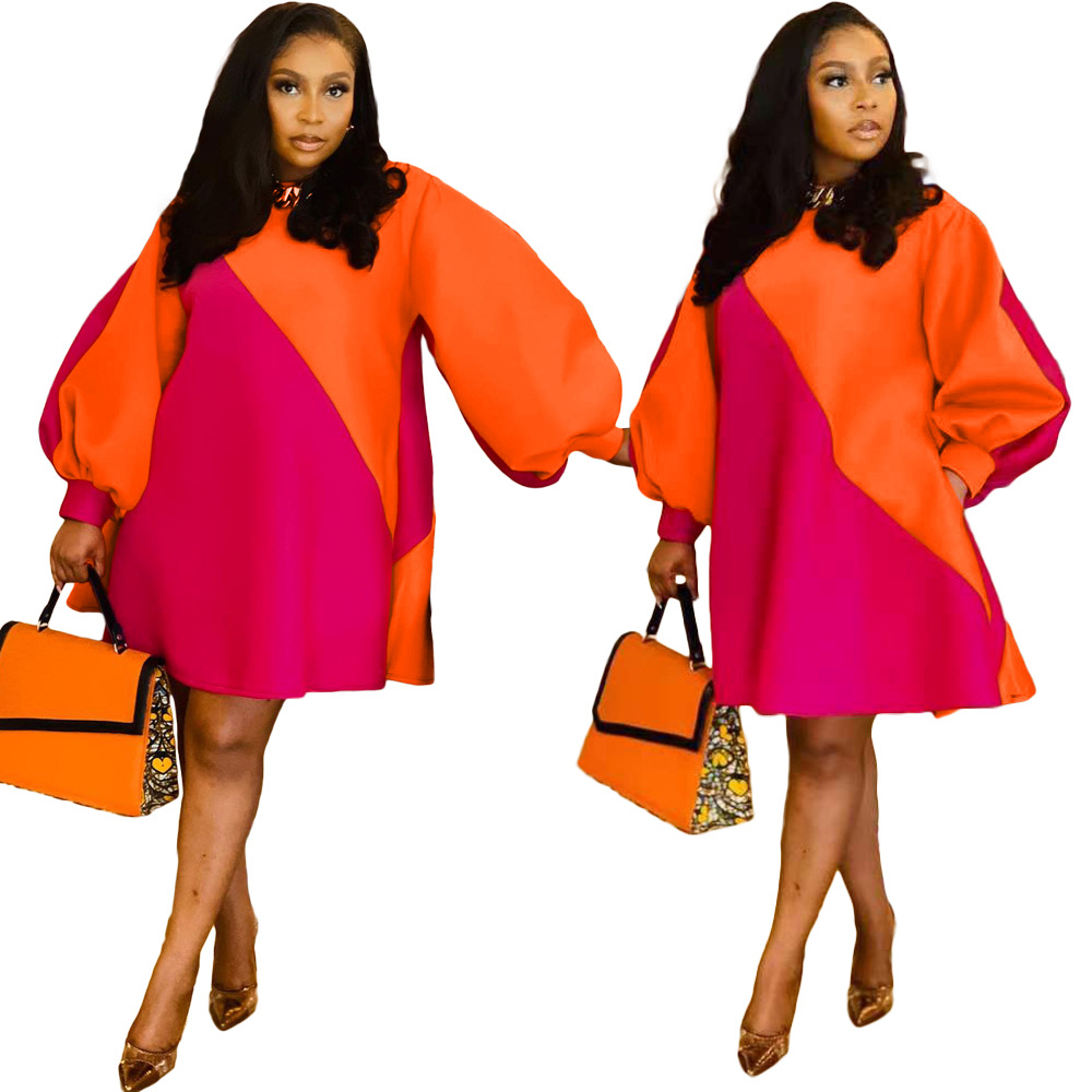 2023 Women Autumn Fall New Arrival Causal Streetwear High Quality Attractive Contrast Color Long Sleeve Puff Sleeve Short Dress