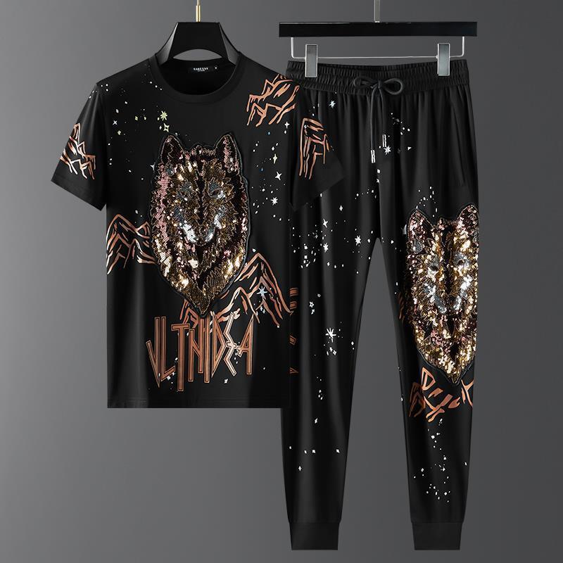 New Men's Summer Fashion Brand Net Red Wolf Head Sequins Fashion Sports Casual Pants Personalized Embroidery Two Piece Set