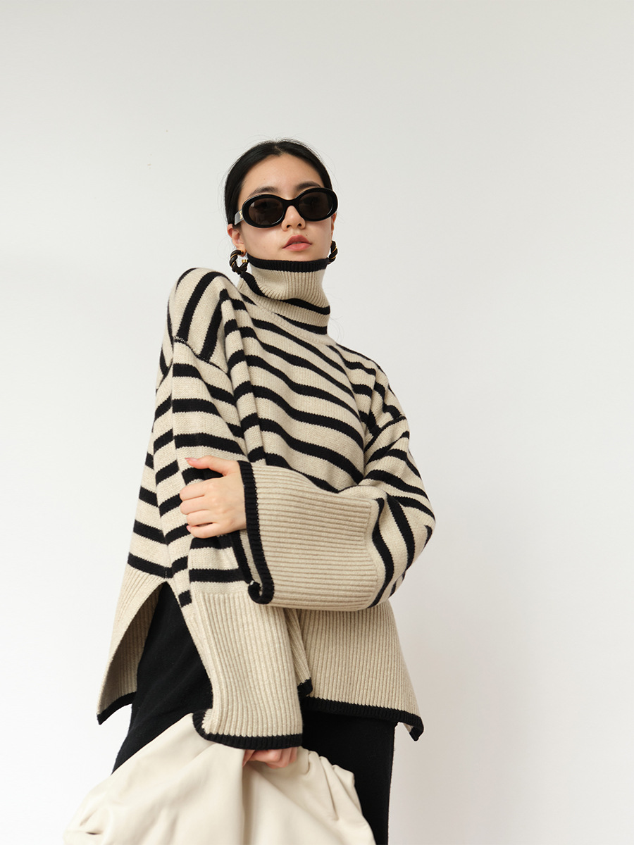 Striped Turtleneck Sweater Women's 2022 New Spring And Autumn Loose Design Niche Knitted Sweater Pullover Coat