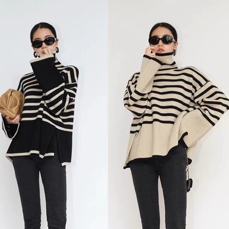 Striped Turtleneck Sweater Women's 2022 New Spring And Autumn Loose Design Niche Knitted Sweater Pullover Coat