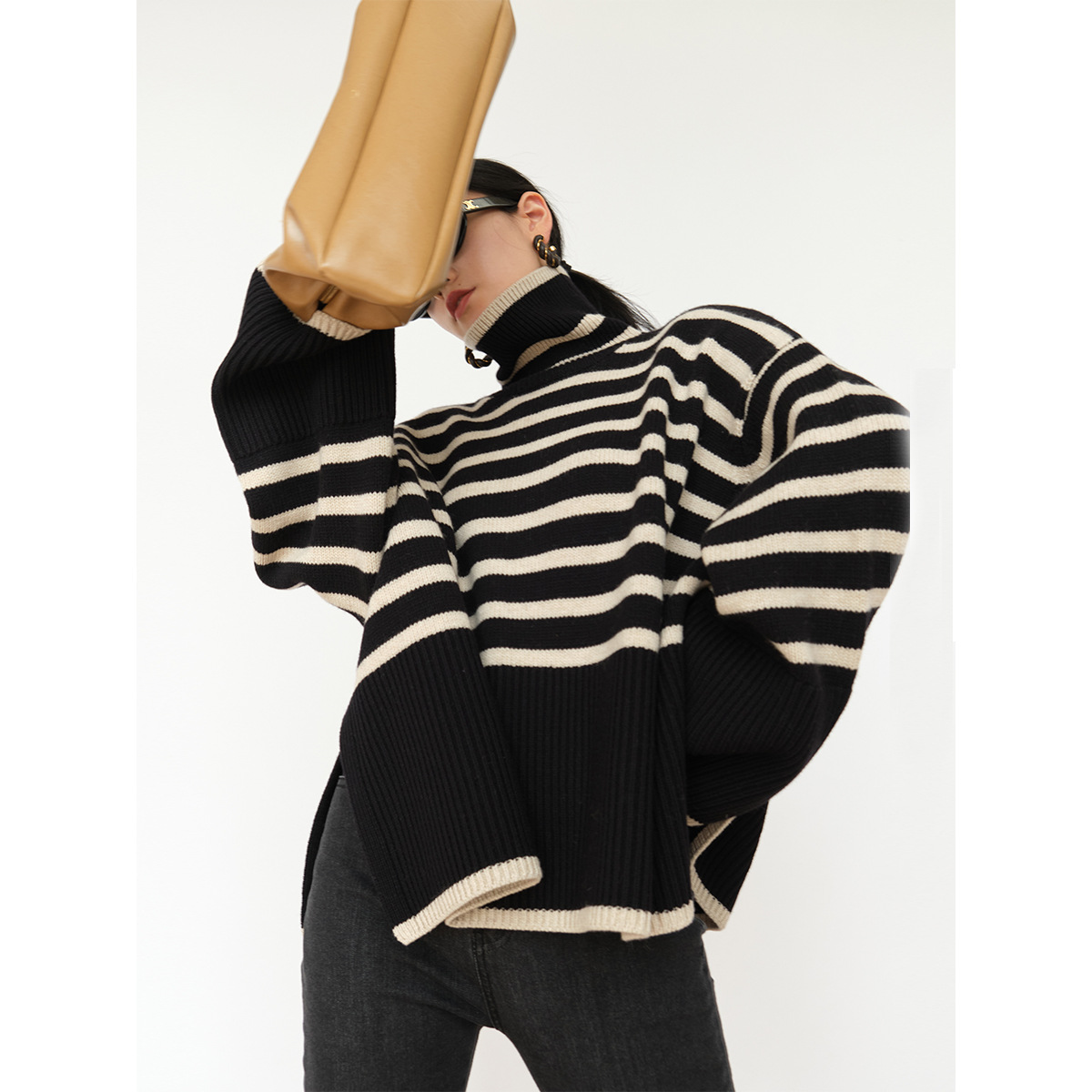 Striped Turtleneck Sweater Women's 2022 New Spring And Autumn Loose Design Niche Knitted Sweater Pullover Coat