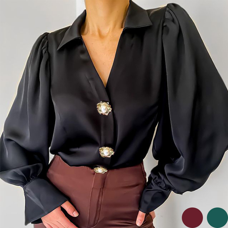 New High Quality Light Mature Lantern Sleeve Shirts Tops V Collar Temperament Shirt Women Clothing Blouse Satin Shirts