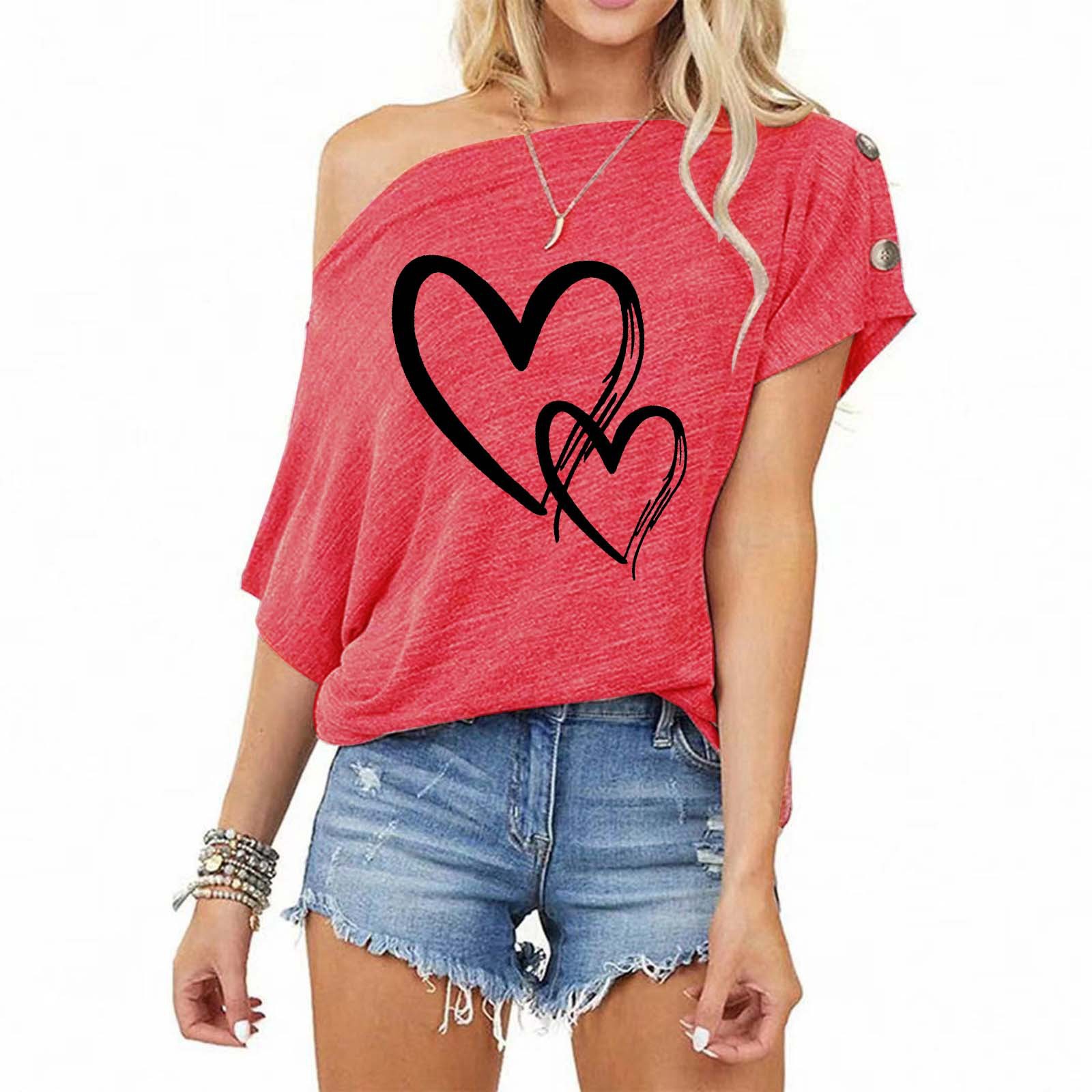 Women Shirts New Fashion Heart Print Buttons Short Sleeve Sexy Loose Blouse T Shirt