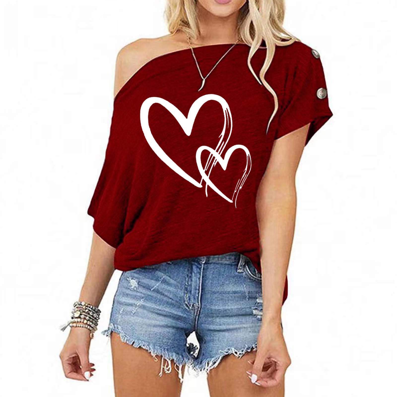 Women Shirts New Fashion Heart Print Buttons Short Sleeve Sexy Loose Blouse T Shirt