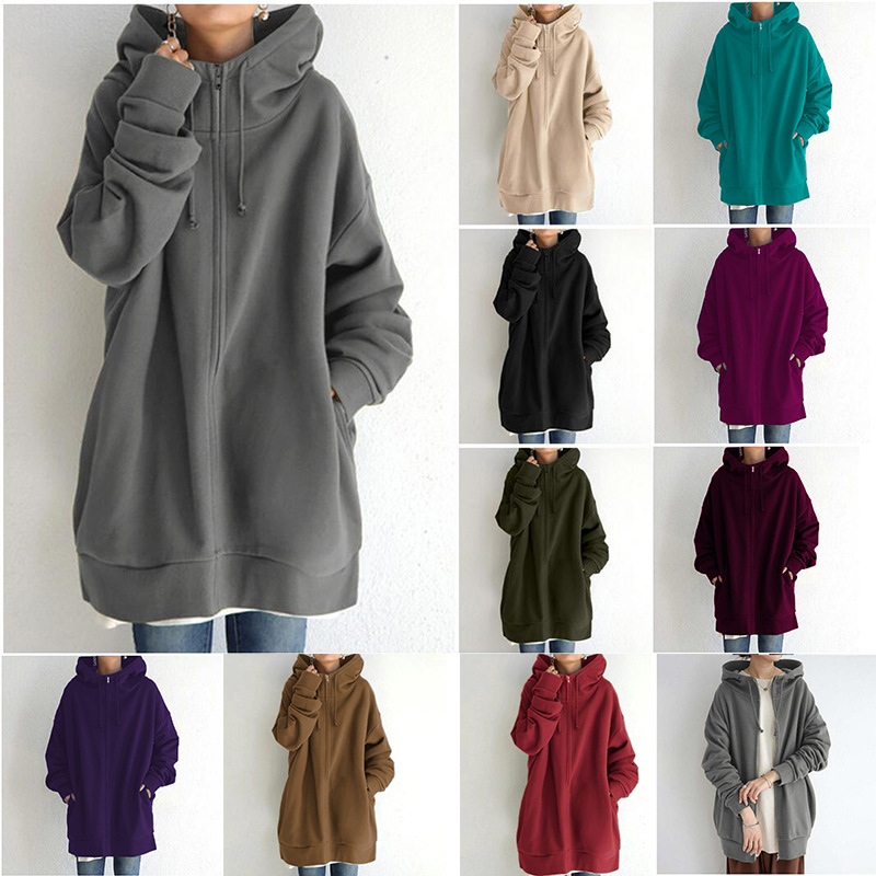 2023 Women's Autumn Winter Streetwear Zip Up Long Oversized Fleece Hoodie