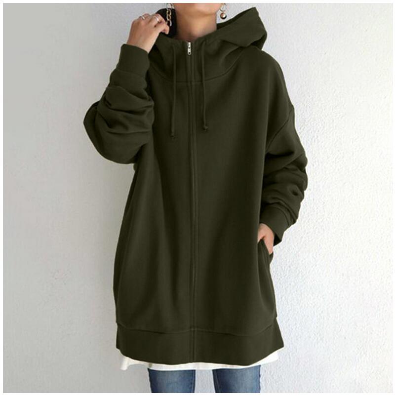 2023 Women's Autumn Winter Streetwear Zip Up Long Oversized Fleece Hoodie