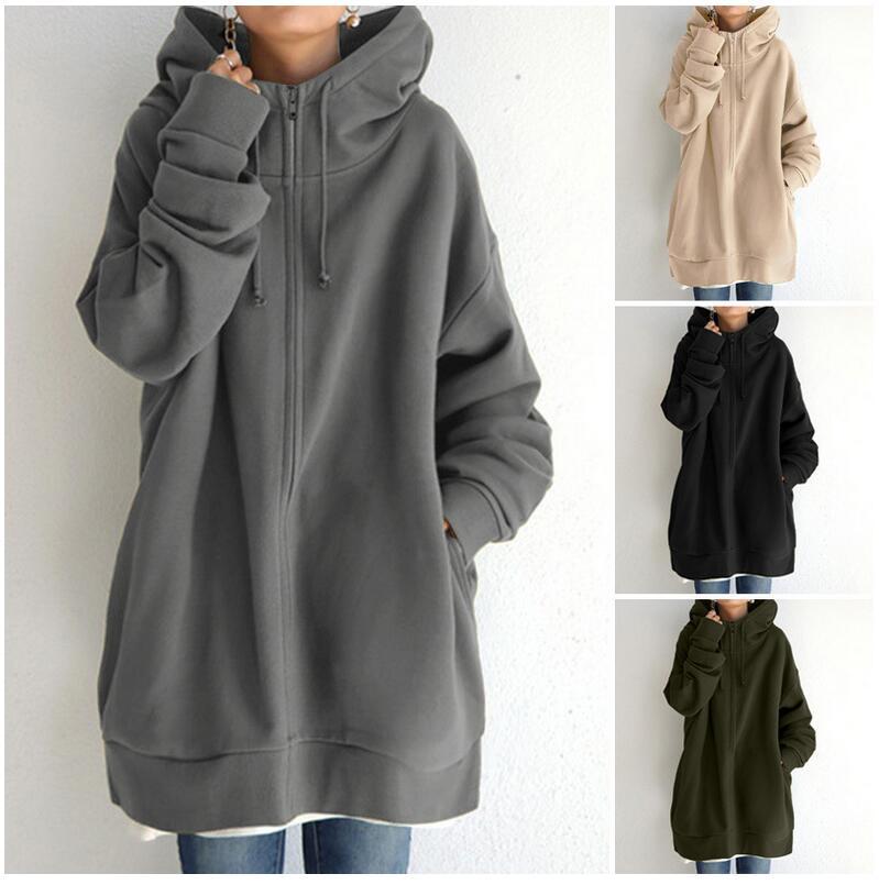 2023 Women's Autumn Winter Streetwear Zip Up Long Oversized Fleece Hoodie