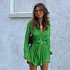 2023 New Arrivals American Style Hot Sell Pleated Green Long Sleeve Bodycon Short Shirt Formal Dress For Office Ladies