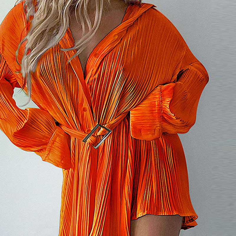 2023 New Arrivals American Style Hot Sell Pleated Green Long Sleeve Bodycon Short Shirt Formal Dress For Office Ladies