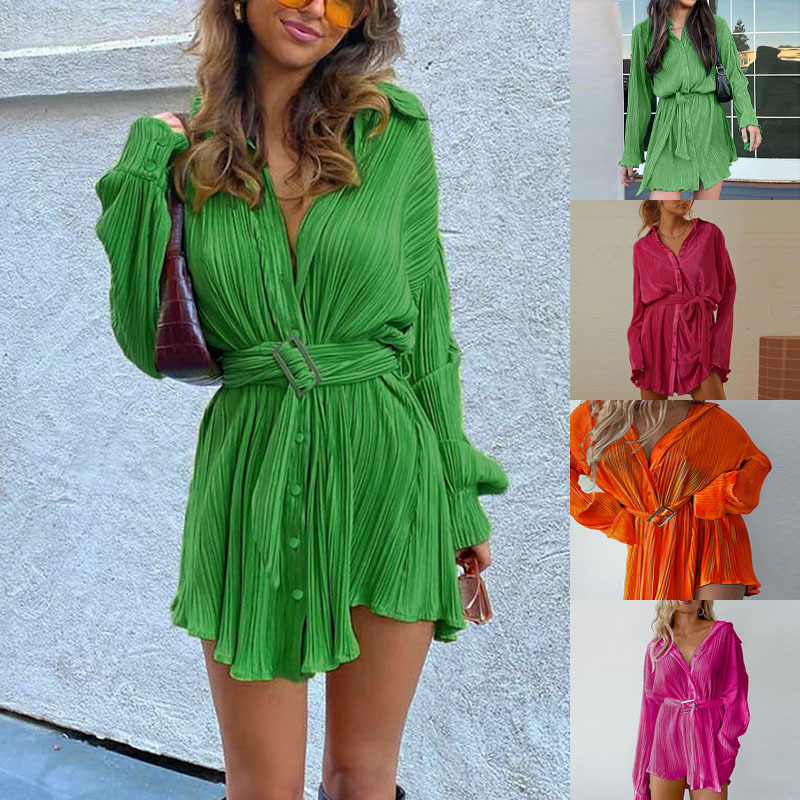 2023 New Arrivals American Style Hot Sell Pleated Green Long Sleeve Bodycon Short Shirt Formal Dress For Office Ladies
