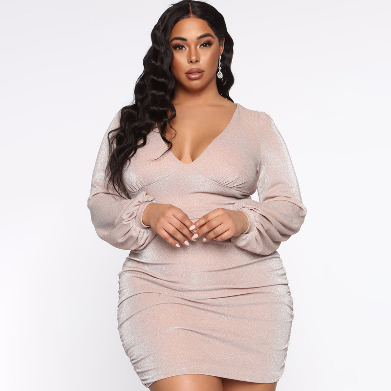 2023 New Fashion Sexy Slim Deep V Neck Solid Color Hip Dress Nightclub Dress Shiny Dress