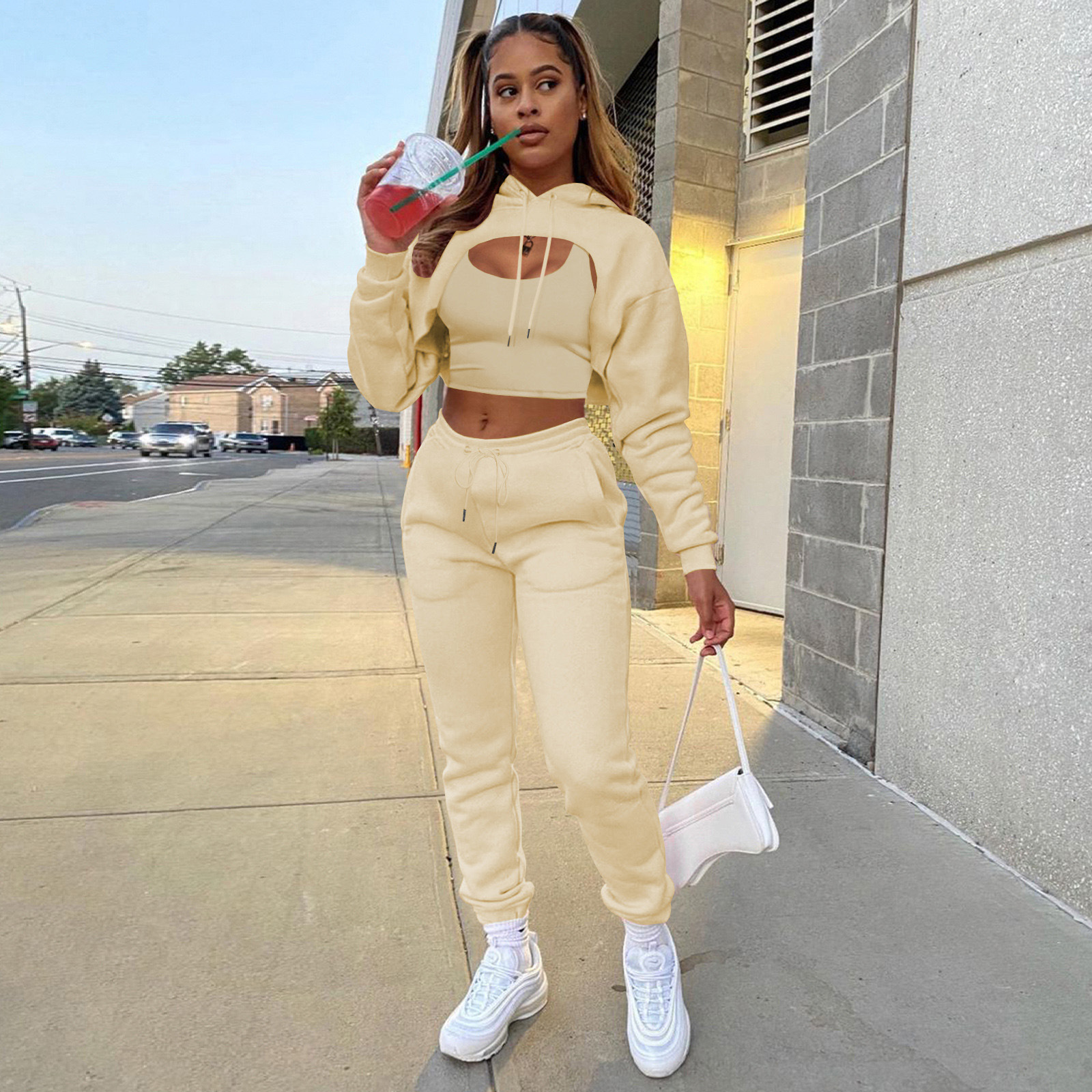 2023 Fall Women Clothes Solid Long Sleeve Crop Top Sweat Pant And Hoodie Set Women's Sets