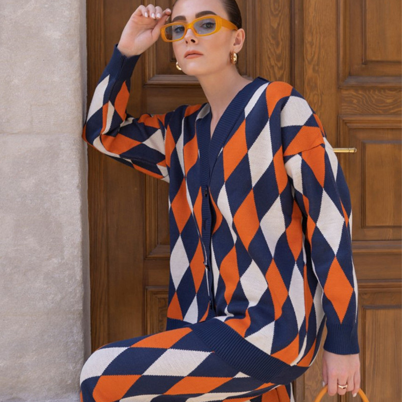 2023 Winter New Fashion 100% Cotton Color Block Knitted Woman Sets Cardigans High Waist Pants Geometric Pattern Oversize