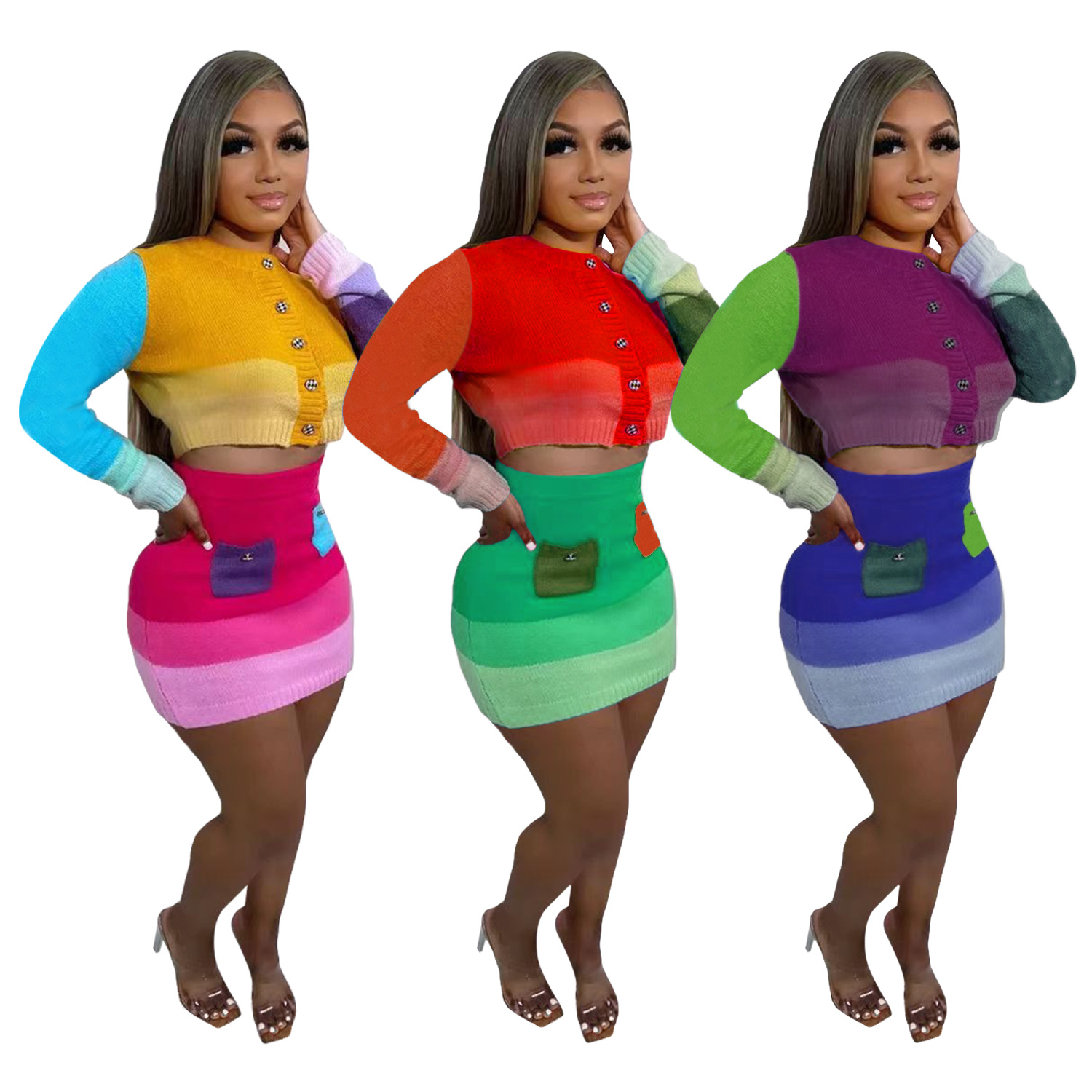 2023 High Quality 2 Piece Set Women Causal Patchwork Two Piece Button Knitted Top And Mini Skirt Set