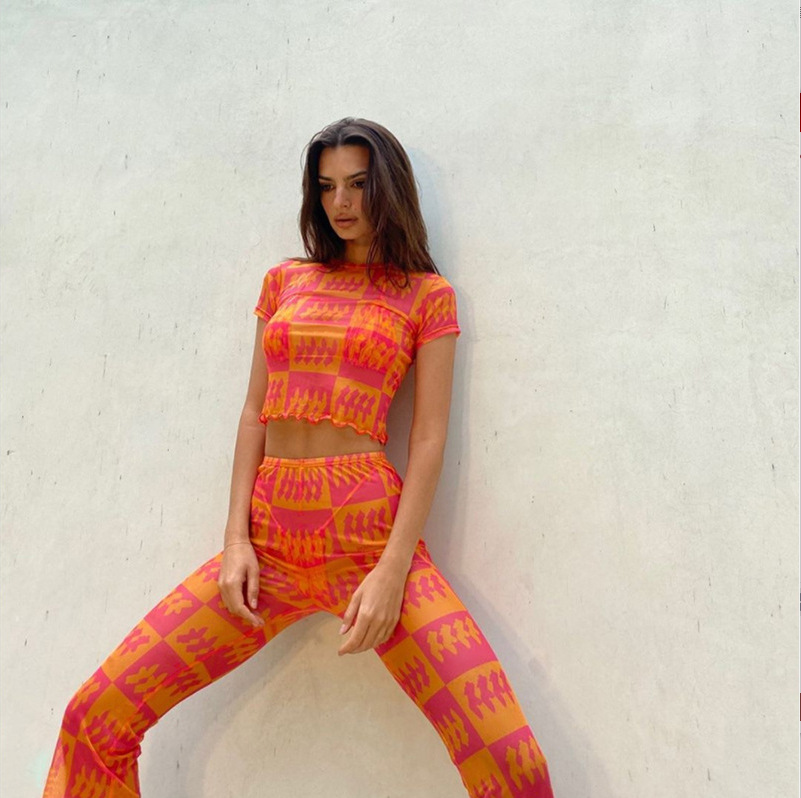 2023 SD Custom Y2k Mesh Two Pieces Set Aesthetic Print Short Sleeve Crop Top And Flare Pants Rave Festival Outfits