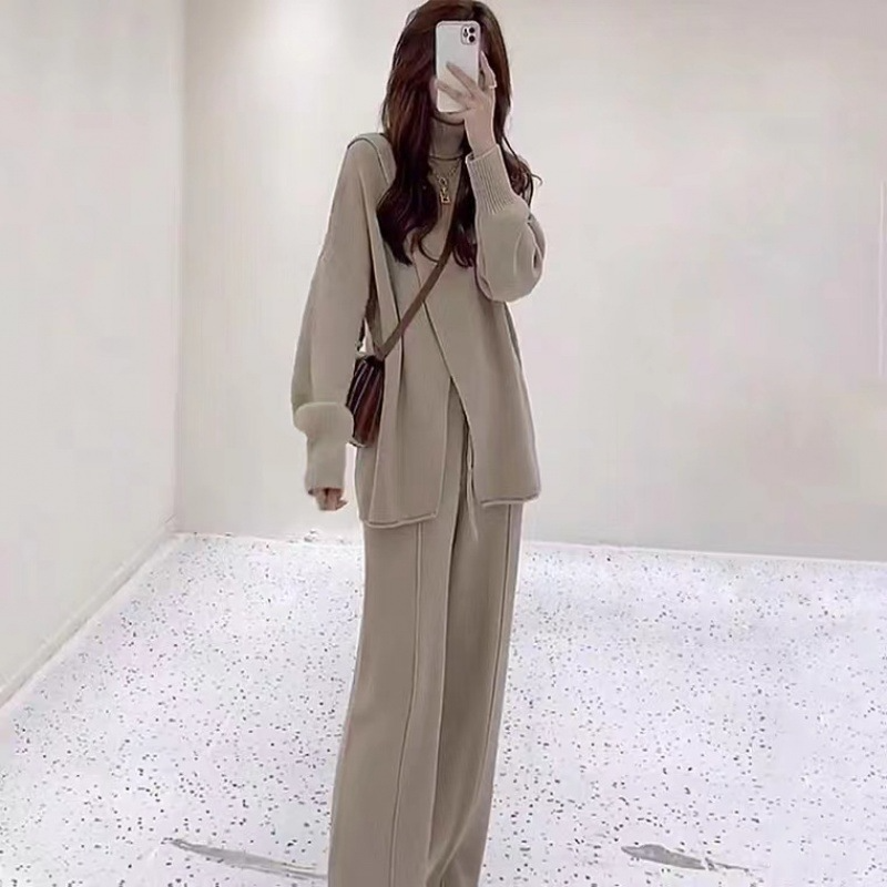 2023 Women Luxury Side Split Two Piece Outfits Sweater Sets Long Sleeve Pullover And Drawstring Pants Lounge Set