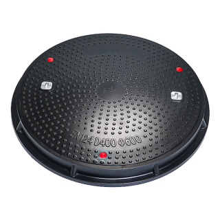 Coperchio per pozzetto in SMC da 600 mm, conforme alla norma EN124 D400, per applicazioni su autostrade e stazioni di servizio.