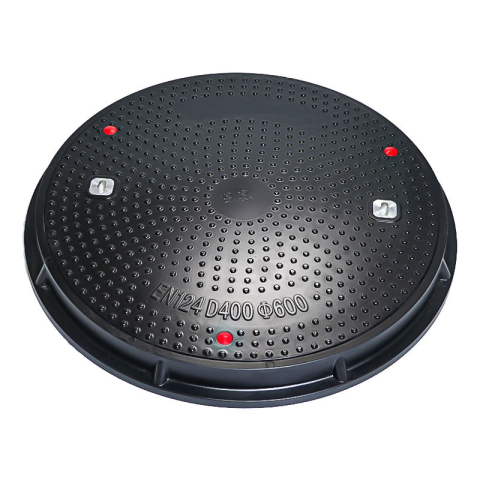 Tapa de alcantarilla EN124 D400 de 600 mm de SMC para aplicaciones en carreteras y gasolineras.