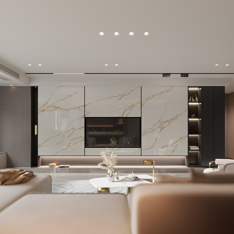 dalle d'îlot de cuisine moderne en quartz à veines d'or