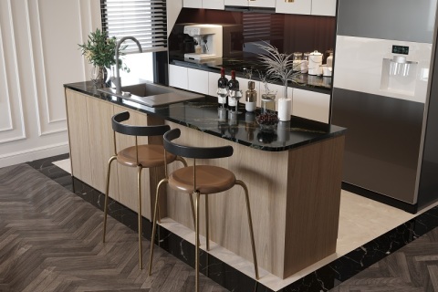 Black quartz stone and wood island table top slab