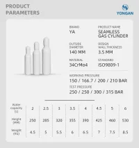 Cilindru de gaz mixt din oțel fără sudură pentru recipient de înaltă presiune 140MM 2-15L ISO Tped