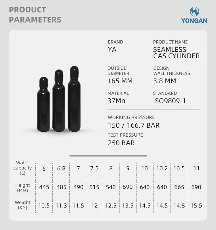 Cilindru de gaz mixt din oțel fără sudură pentru recipient de înaltă presiune 165MM 2-20L ISO Tped