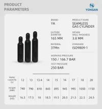 Cilindru de gaz mixt din oțel fără sudură pentru recipient de înaltă presiune 165MM 2-20L ISO Tped