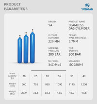 229MM 20-52L ISO Tped High Pressure Vessel Seamless Steel Mixed Gas Cylinder