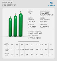 267MM 50-90L 6.2MM ISO Tped High Pressure Vessel Seamless Steel Mixed Gas Cylinder