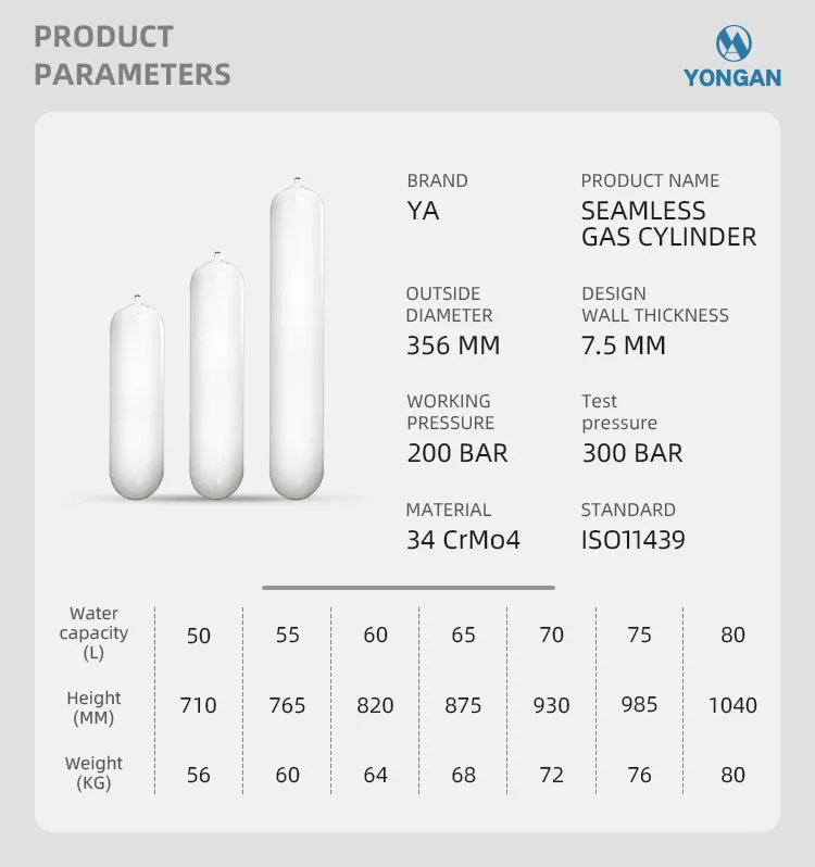 50-150L 356mm সিএনজি টাইপ 1 TPED ISO11439 স্ট্যান্ডার্ড ন্যাচারাল গ্যাস সিলিন্ডার