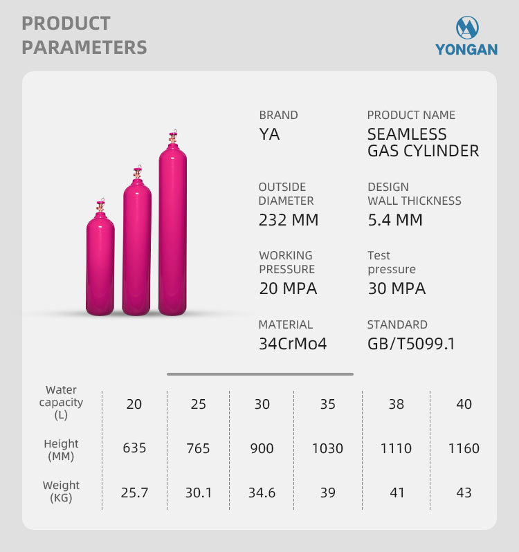 Cylindre de gaz mélangé en acier sans soudure de récipient à haute pression de 232MM 20-52L 5.4MM GB/T Tped