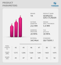 Cylindre de gaz mélangé en acier sans soudure de récipient à haute pression de 232MM 20-52L 5.4MM GB/T Tped