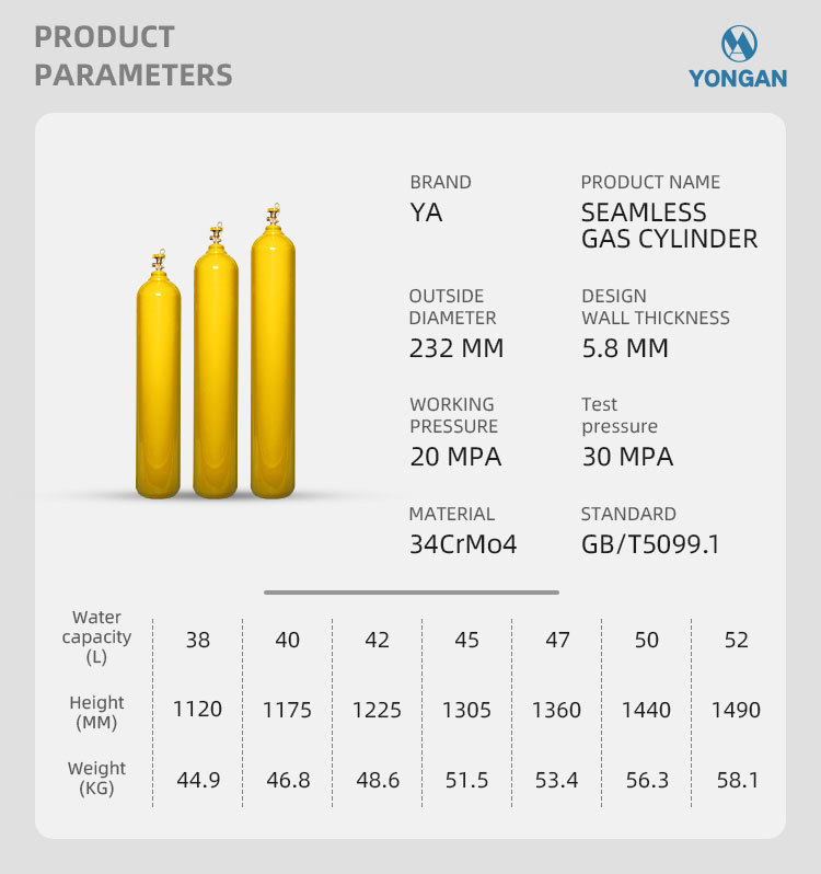 232MM 38-52L 5.8MM GB/T Tped High Pressure Vessel Seamless Steel Mixed Gas Cylinder