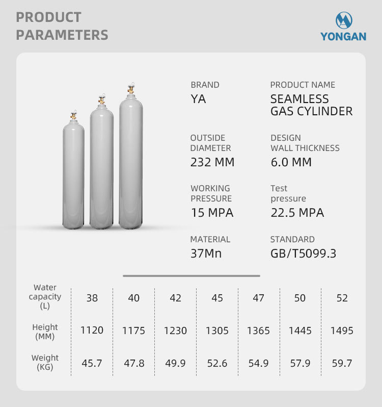 232MM 38-52L 6.0MM GB/T Tped High Pressure Vessel Seamless Steel Mixed Gas Cylinder
